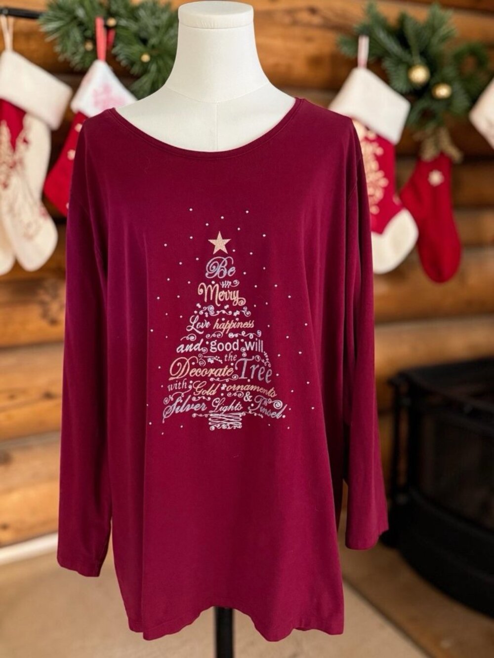 Catherines Burgundy Long Sleeve Embellished Holiday Top-Size 3X